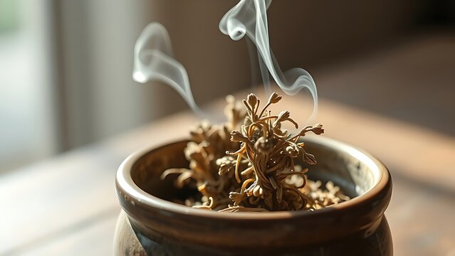 mugwort. A small bundle of dried mugwort smoldering in a ceramic pot, herbal smoke. gardening catalogs, home-decor guides, designed for gardening and botanical catalogs, used by bi analysts.