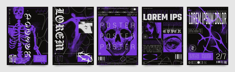 Retro futuristic posters with cyber sigilism shapes and gothic typography. Grunge urban dark punk aesthetic poster with halftone purple graphic elements, streetwear print template vector set © Your Local Llamacorn