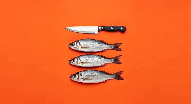 Freshly caught raw silver seabream fish arranged in a row with a sharp steel knife on vivid orange background for seafood prep