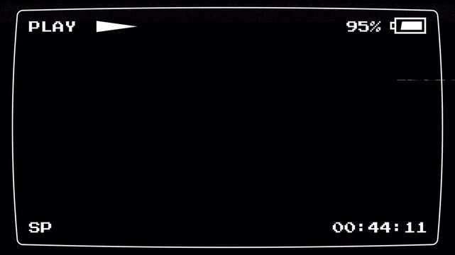 Analog VHS playback frame with screen border, timer, battery indicator in glitch style for overlay. Camcorder tape player screen glitch analog style with old school interface for editing. 4K Video