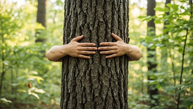 Embracing tree trunk in forest with open hands