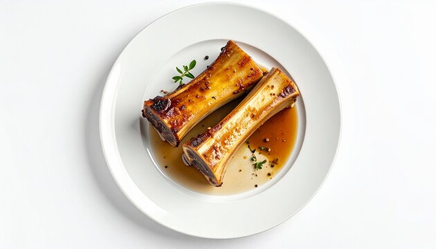 Flat lay roasted bone marrow on a white plate, white background, minimalist, realistic food photography, soft lighting, high detail