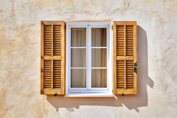 Fototapeta premium Building exterior with window and open wooden shutters