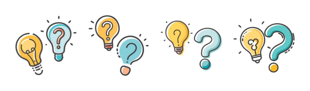 Doodle light bulb and question mark icons, hand drawn creative thinking concept, yellow and blue brainstorming symbols for problem solving