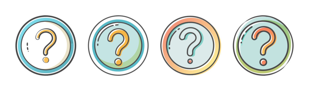 Question mark icon set in flat line style, colorful help and support buttons, set of 4 vector symbols for faq and customer service