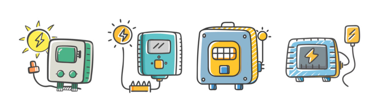 Hand-drawn solar power inverter icons, renewable energy equipment set, cartoon style photovoltaic system components, sustainable electricity vector