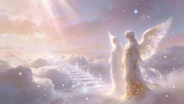 Two beautiful angels standing on clouds beside a crystal staircase in a dreamy heaven scene