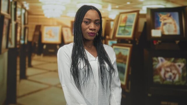 Woman with hands clasped and long braided hair standing in an art gallery building, white blouse and neutral expression; calm introspection.