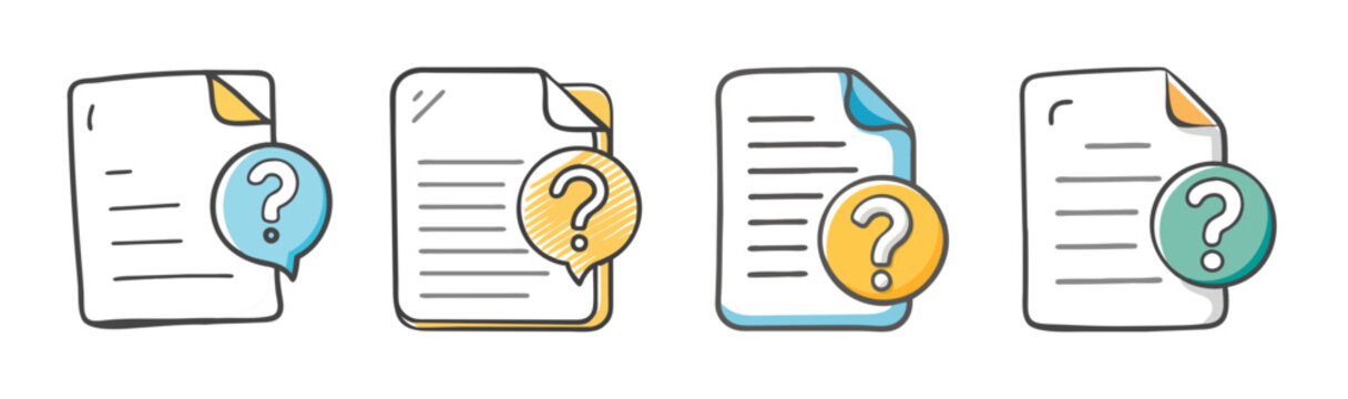 Hand drawn document icons with question marks, set of 4 colorful paper file vectors, doodle style help and support documentation symbols