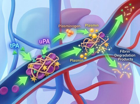 Graphic illustration of fibrinolysis, the breakdown of blood clots and fibrin degradation products