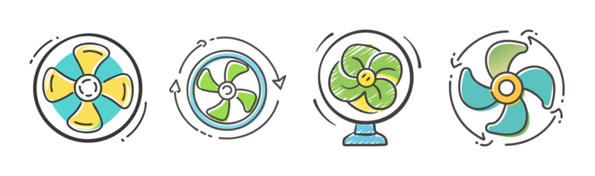 Electric fan icon set, 4 colorful cooling ventilator vector elements, rotating air blower symbols for climate control and ventilation design