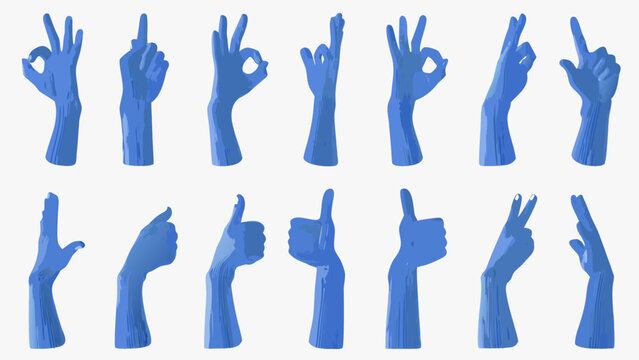 Collection of blue stylized human hands displaying various hand gestures