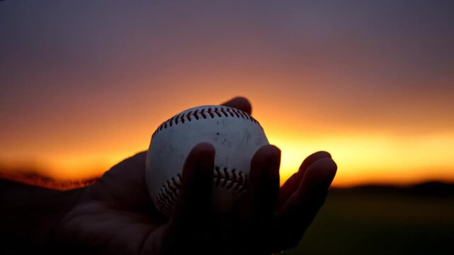 Silhouette of a hand holding a ball during a sunset softball video
