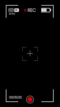 Vertical camera phone recording overlay with timecode display, REC icon blinking, audio waveform and focus grid, smartphone video interface animation