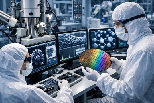 Semiconductor engineers with silicon wafer in a high tech cleanroom