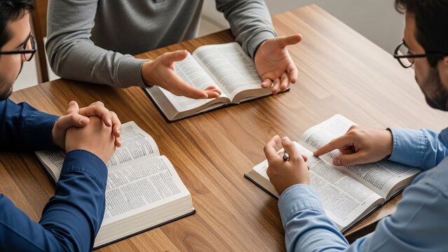 Group of people reading and discussing books around a wooden table