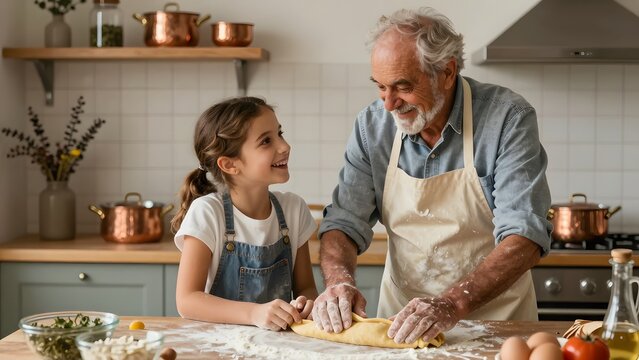 60. A 55-year-old Italian nonno with expressive weathered face and white flour-dusted apron teaching his teenage granddaughter to make pasta from scratch in a warm rustic kitchen, soft warm late after