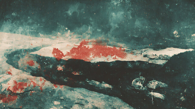 Abstract Teal Wave Scene with Dark Silhouette and Red Reflections.