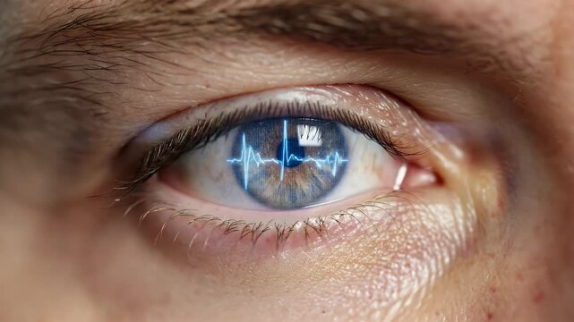 Extreme close-up of a human eye with blue digital heartbeat overlay reflecting in the iris and eyelashes with subtle glitter and