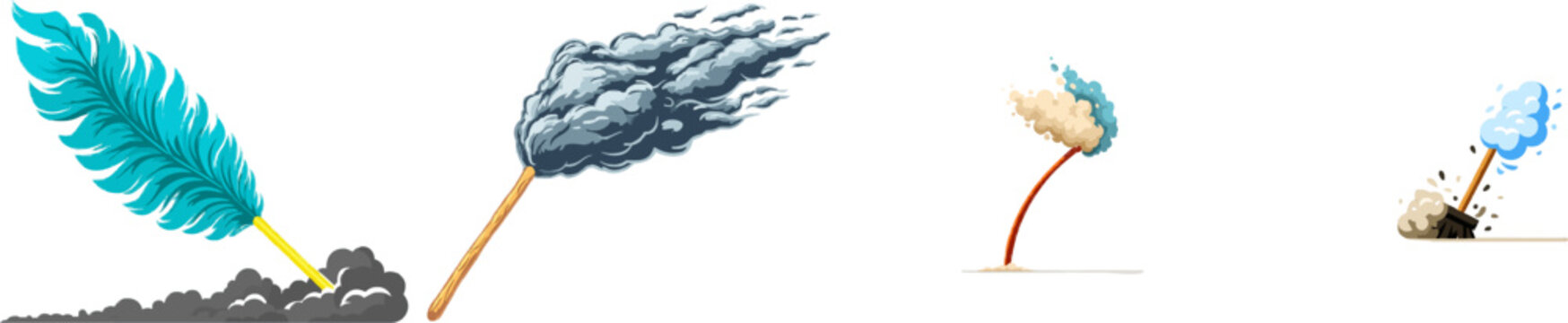 A stylized feather duster with a cloud of grey dust in muted blue and tan hues, rendered in minimalist 2D design, exudes an elegant yet whimsical charm against a clean white backdrop