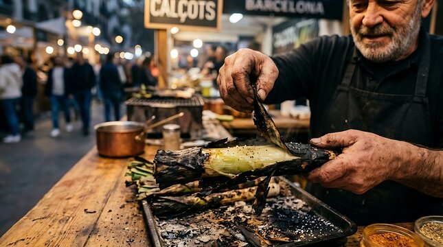 Traditional Cal&ccedil;otada Style Roasted Leek with Blackened Skin and Tender Center, Artisanal Fire-Roasted Vegetables, Cal&ccedil;otada Tradition Culinary Action