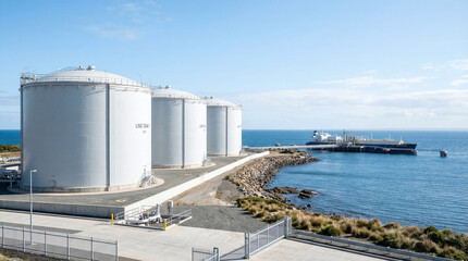 Obraz premium LNG Storage Tanks and Tanker Ship at a Coastal Industrial Port
