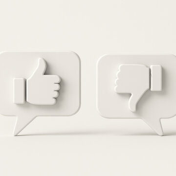 Customer feedback concept showing pro and con with thumb up and thumb down icons. White speech bubbles on minimal background represent review, opinion, and satisfaction