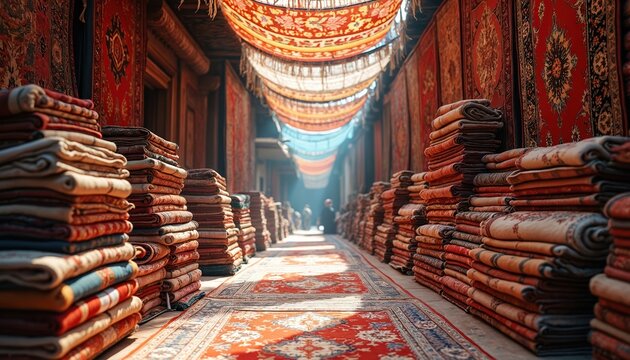 Stacks of folded and rolled carpets fill a vibrant bazaar marketplace. Richly patterned textiles hang above, illuminating an ancient trade route with warm light.