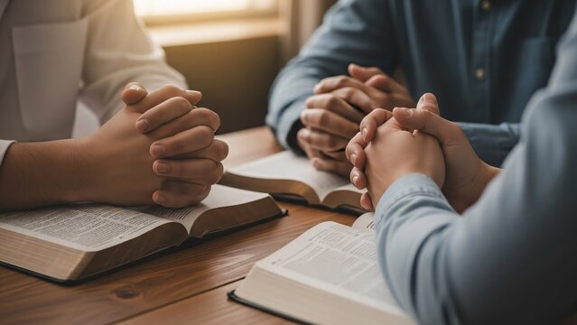 People praying together with open bibles on table