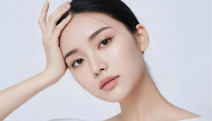 Naklejka premium 額に手を添える若い女性の美しいポートレート