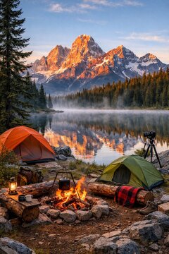 Alpine campsite by a calm mountain lake at sunrise with campfire
