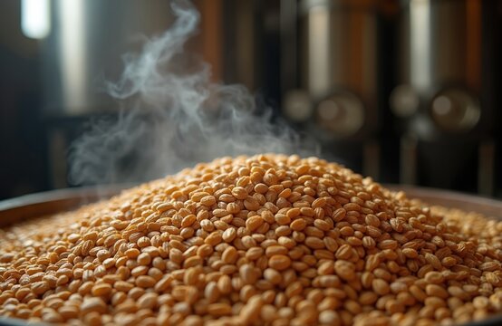 Warm malt seeds piled in wooden container, steam rising from grain. Close up of ingredient for beer, whiskey, or bread production in factory.