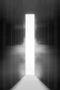 3D light door corridor with glowing passage and soft haze