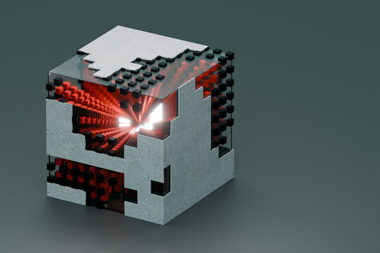 3D red data cube with pixel tunnel and bright center