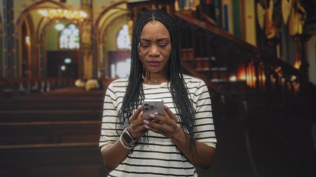Black woman holding smartphone with both hands, reading message with furrowed brow and pursed lips, striped top inside ornate church building; sorrow reflection.