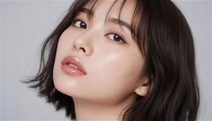 Naklejka premium 首を傾げて見上げる美しい若い女性のポートレート