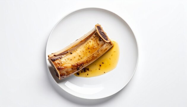 Flat lay roasted bone marrow on a white plate, white background, minimalist, realistic food photography, soft lighting, high detail