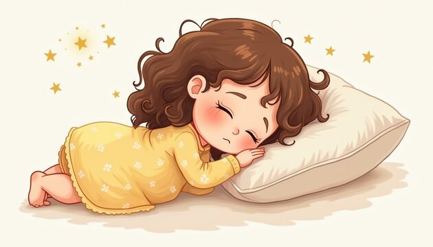 Cute cartoon girl slepic peacefully on pillow. Young child rests in yellow pajamas with flowers. Stars twinkle above her as she dreams sweetly. Adorable nap time visual art.