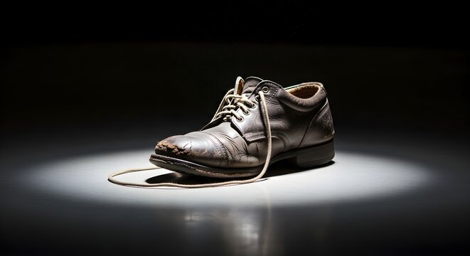 dramatic brown leather oxford shoe with untied laces on spotlight