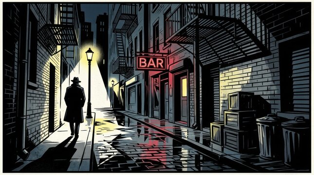 Mysterious Figure Walks Through a Dark, Wet Alleyway Towards a Bar.
