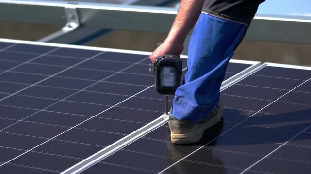 Construction of a Solar Power Plant, installation panels - (4K)