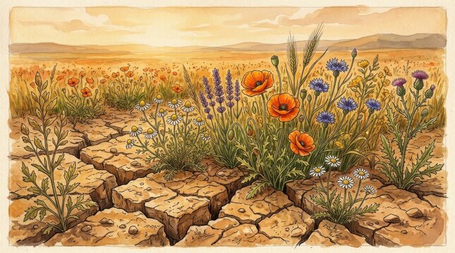 Vibrant wildflowers bloom amidst cracked earth under a golden sky.