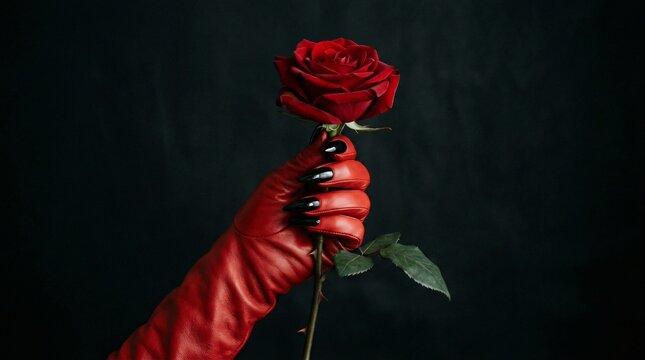 Red rose held by a devilish hand in a striking red leather glove with long black claw nails against dark elegant background