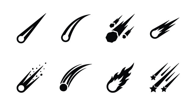 Meteorite icon set, falling comet vector, black asteroid symbols collection