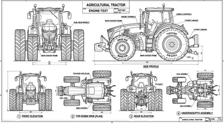 Obraz premium Agricultural tractor engineering diagram with engine text annotations multiple views and detailed farm machinery blueprint line illustration