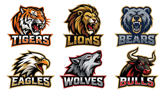 Professional Collection of Powerful Predator Animal Mascot Heads Featuring Aggressive Lion Tiger Bear and Wolf Characters High Quality Vector Illustration Sports Team Logos Set Isolated on White