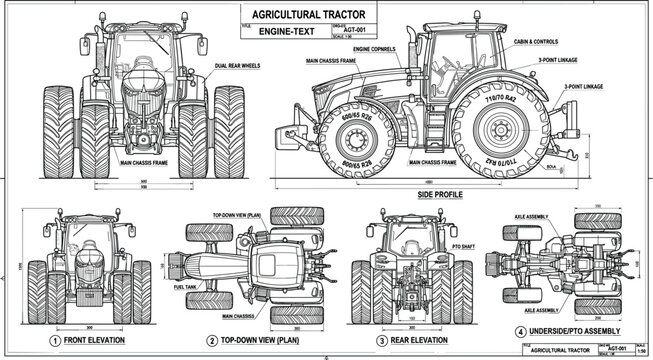 Agricultural tractor engineering diagram with engine text annotations multiple views and detailed farm machinery blueprint line illustration