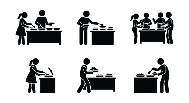 Buffet catering icons, people serving food at self service station vector