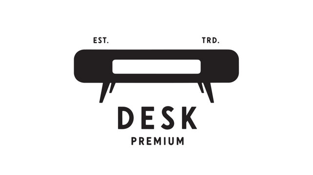 Desk icon with black tabletop design, small legs, and EST TRD labels for premium branding vector logo