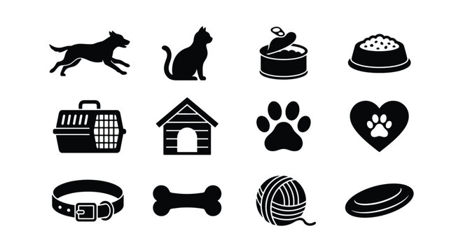 Pet care icon set, 12 black animal silhouettes, dog and cat supply vector